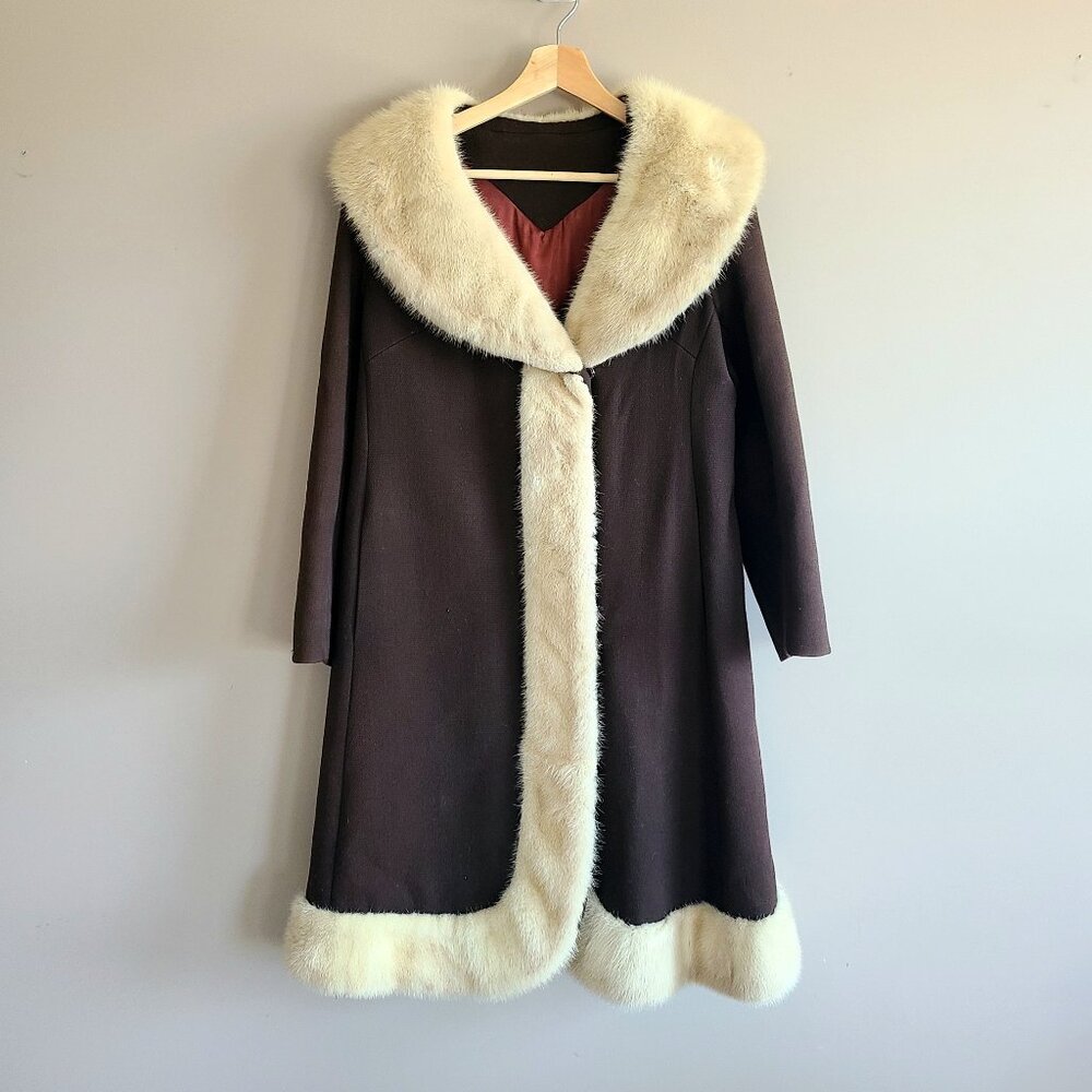Vintage 1960s pure virgin wool coat with beige mink collar and trim. Penny Lane.